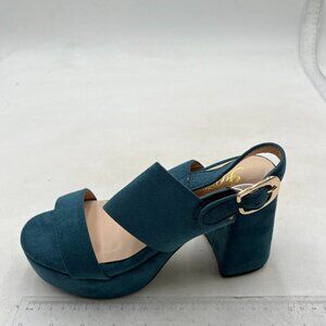 Womens Sandals Open Toe Slingback Ankle Strap High Chunky Heel Shoes Blue Suede